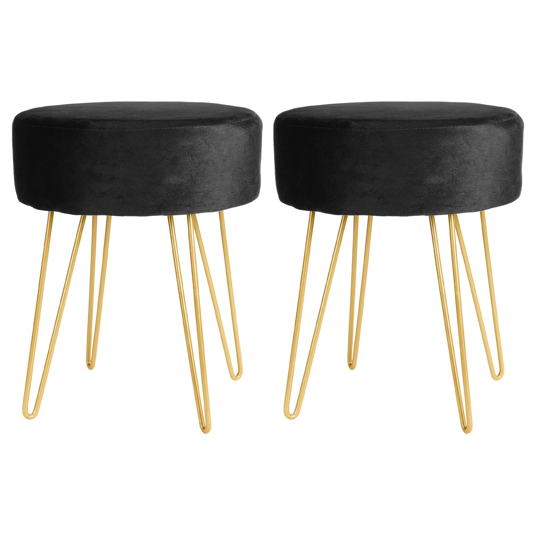 Harbour Housewares 2x Velvet Footstools - Round Modern Dressing Table Footstool Vanity Seat Chairs - 40 x 35cm - Black/Gold Black Black/Gold Pack of 2