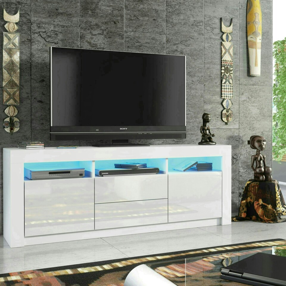 image 1 of TV Unit 160cm White Gloss Doors & Drawers Free LED Matt Body White
