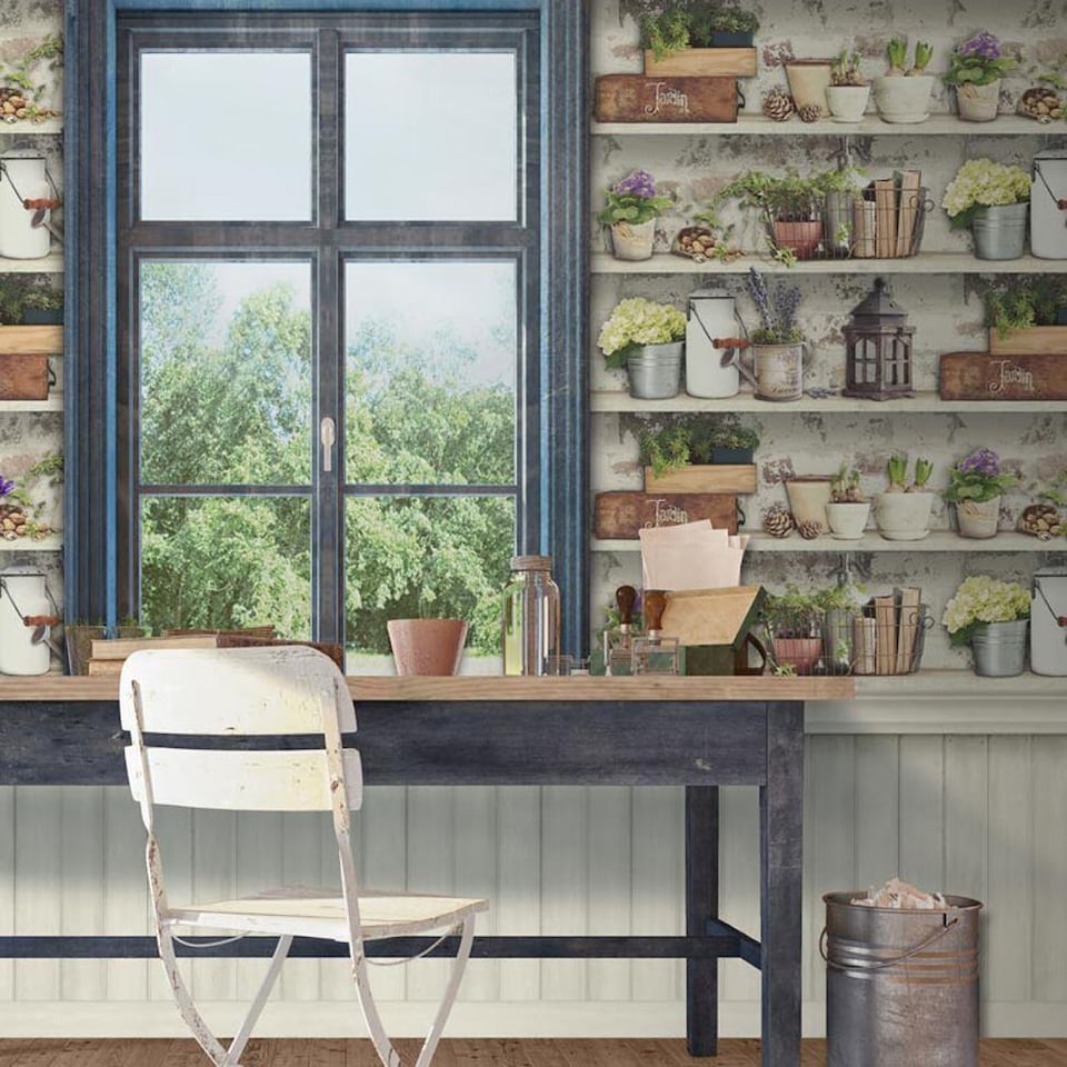 image 1 of Shades Flower Pots Wallpaper Garden Rustic Shelves Distressed Green Grey White