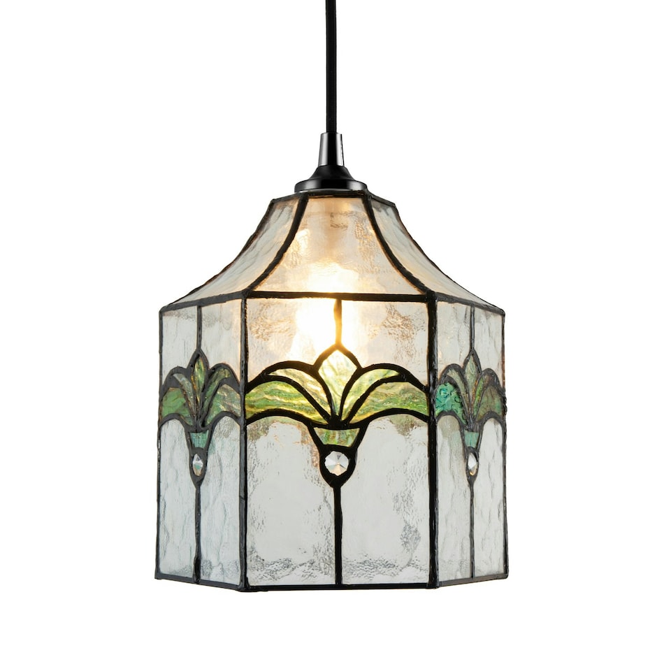 image 1 of Classic Lantern Tiffany Pendant Shade with Clear Water Glass and Emerald Green