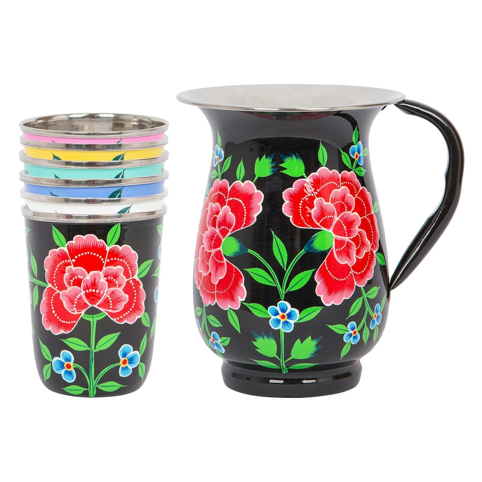 image 1 of BillyCan Hand-Painted Picnic Water Jug with 300ml Multicolour Cups - 1.7L - Carbon Peony Black