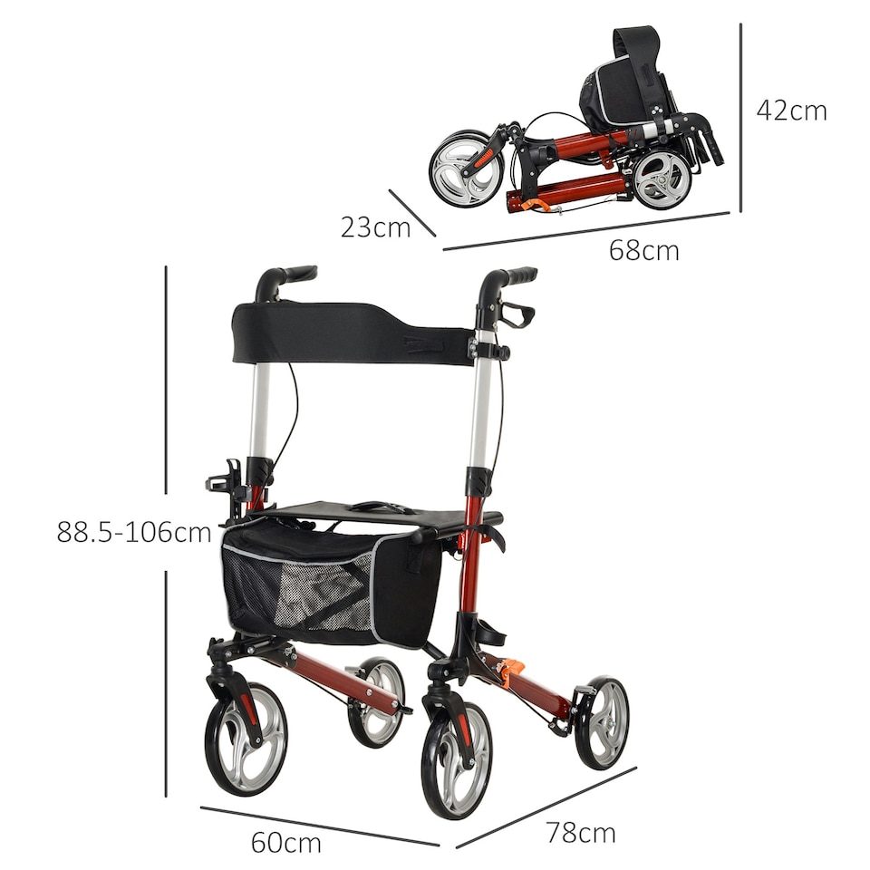 image 1 of HOMCOM Fully Folding Rollator Walker with Seat, Backrest, Bag, Red