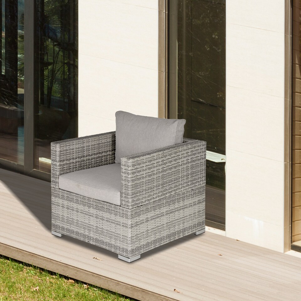 image 1 of Outsunny Single Rattan Garden Chair, PE Wicker Garden Armchair with Cushions, Outdoor Rattan Chair with Armrests and Steel Frame for Conservatory, Porch, Patio, Balcony, Grey