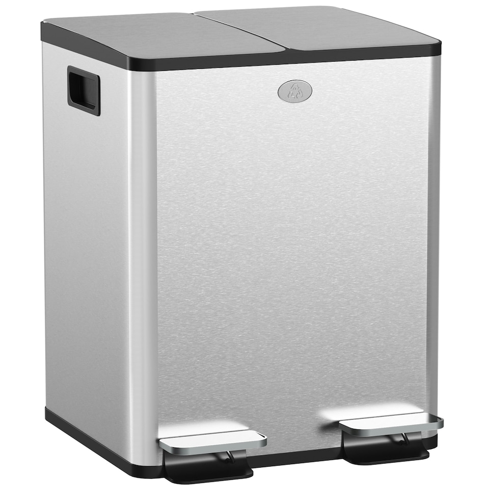 image 1 of HOMCOM 2 x 20L Dual Kitchen Bin Pedal Bin for Recycling and Waste Silver | 40L