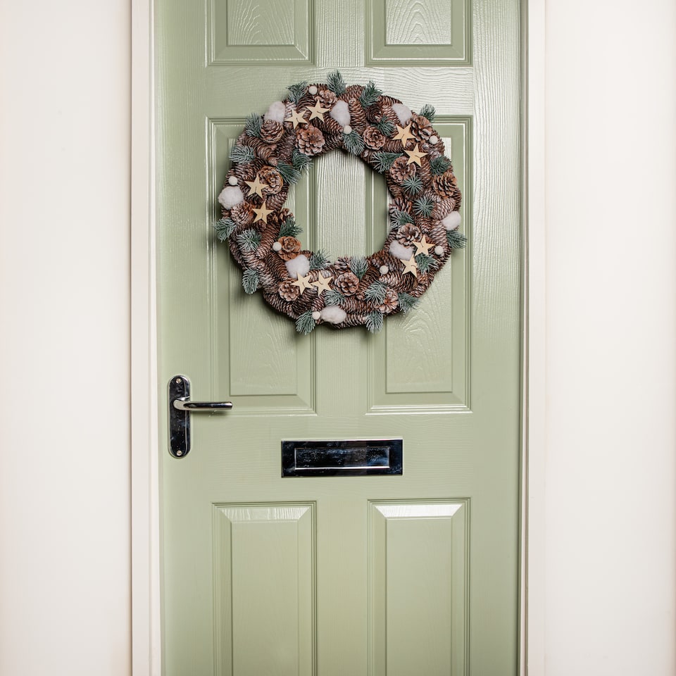 image 1 of 50cm Frosted Hanging Christmas Wreath with Pine Cones & Wooden Stars