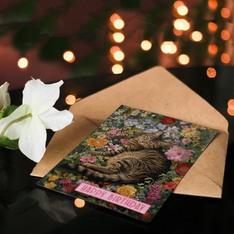 image 1 of Cat Lover Grey Tabby Laying Flower Meadow Woman Her Birthday Card