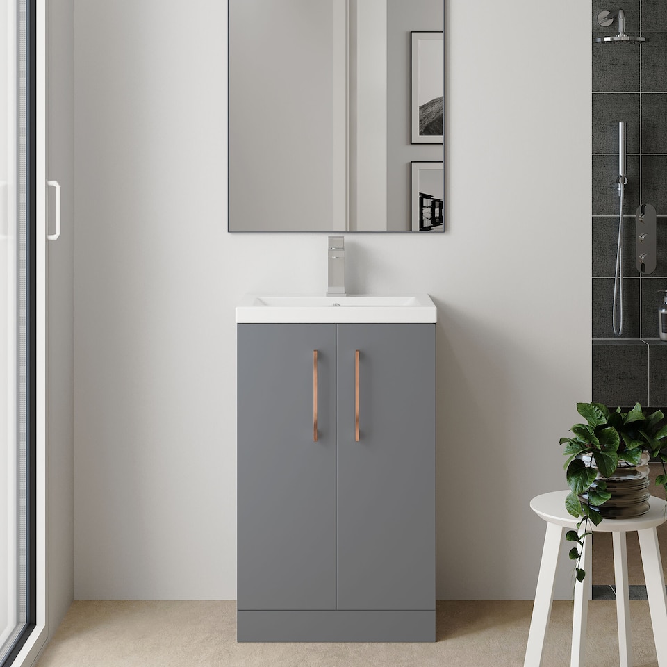 image 1 of Balterley Level Compact Bathroom Cloakroom Vanity Basin Unit with Polymarble Basin, Handles | Grey | Satin Grey | 840 x 505 x 360mm