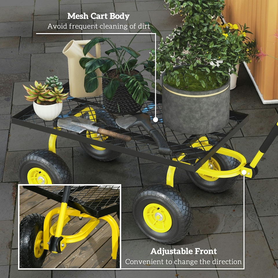 image 1 of Garden Trolley Cart with Pneumatic Wheels and Rotating Handle, Yellow
