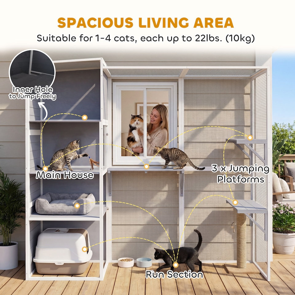 image 1 of PawHut Wooden Catio with Spacious Resting Rooms, 3 Platforms, Window, Grey