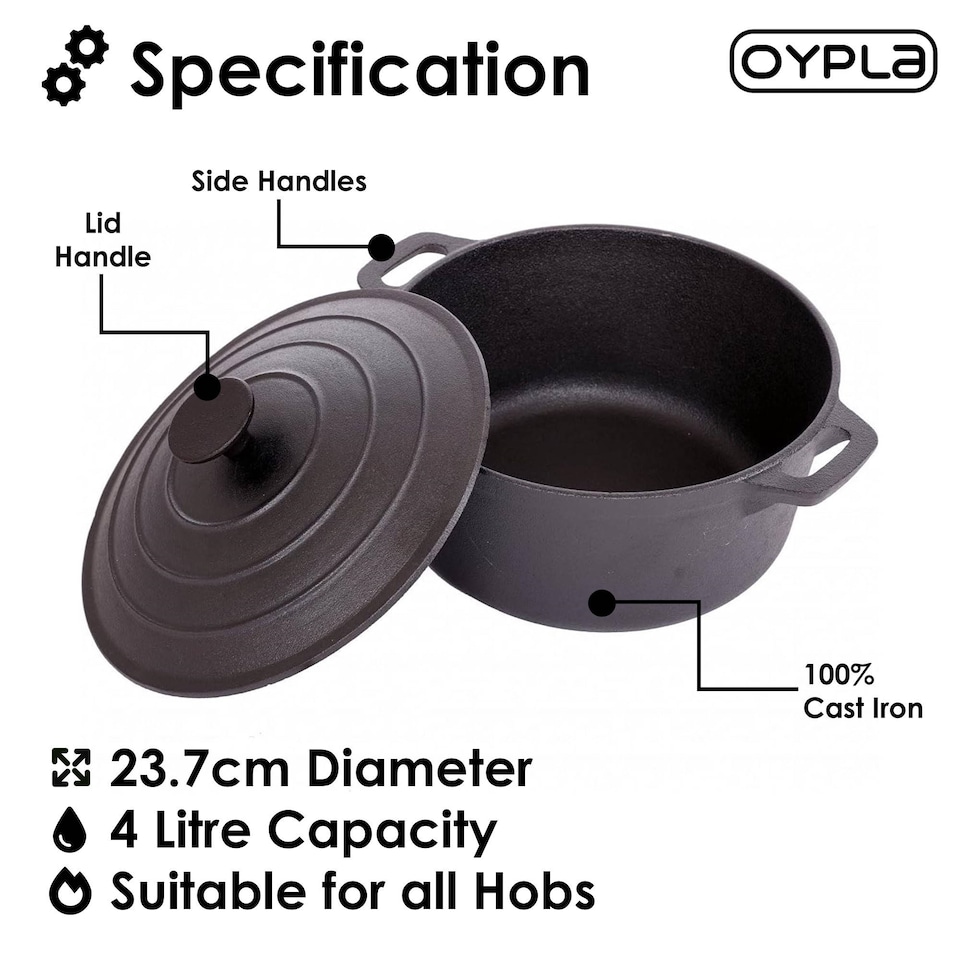 image 1 of 4L Cast Iron Non Stick Casserole Dish Pan with Lid | Black | 1