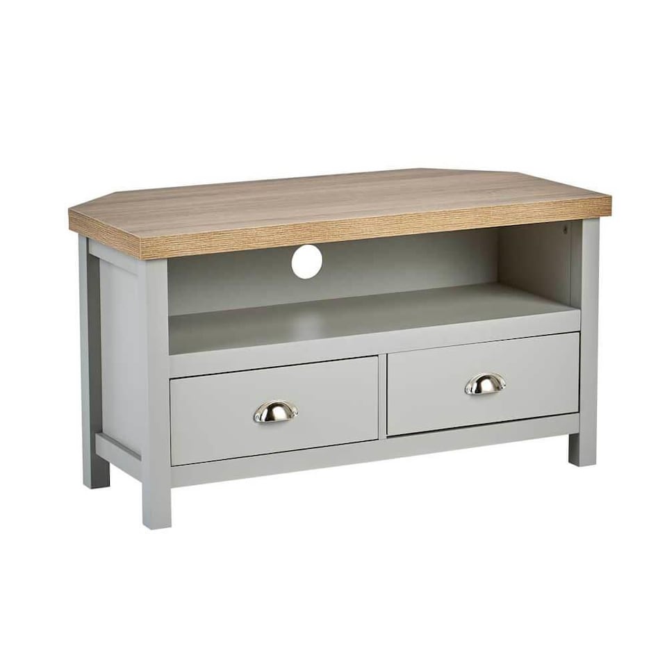 image 1 of Grey Oak Corner TV Stand Two Tone 1 Drawer Cabinet Television Unit Cable Tidy