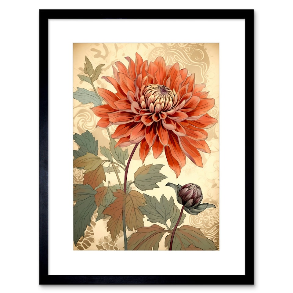 image 1 of Pastel Colour Orange Dahlia Flower Patterns 9x7" Black Framed Wall Art Print
