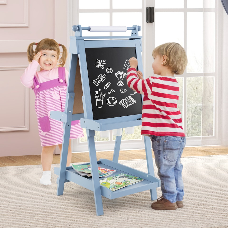 image 1 of COSTWAY Foldable Easel Kids 3-in-1 Double-sided Art Easel w/Chalkboard-Blue