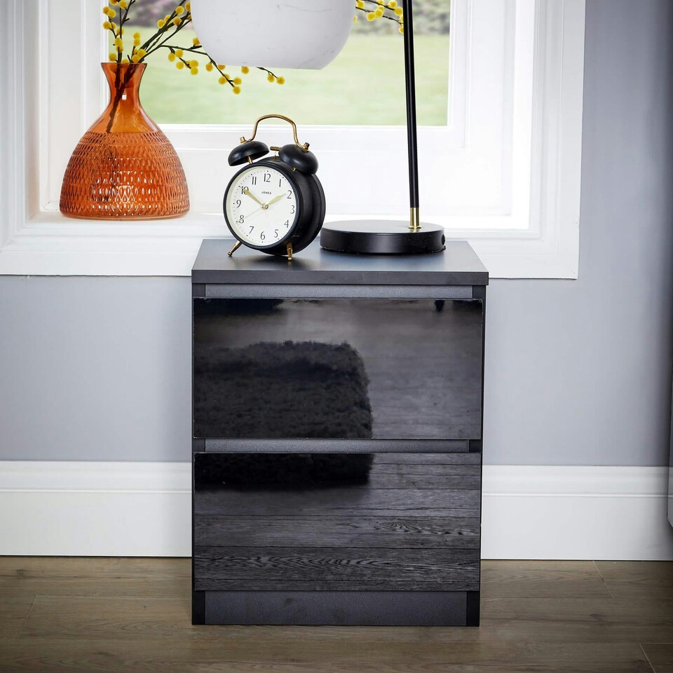 image 1 of Black 2 Drawer Bedside Cabinet Nightstand Modern Storage Unit Furniture Bedroom