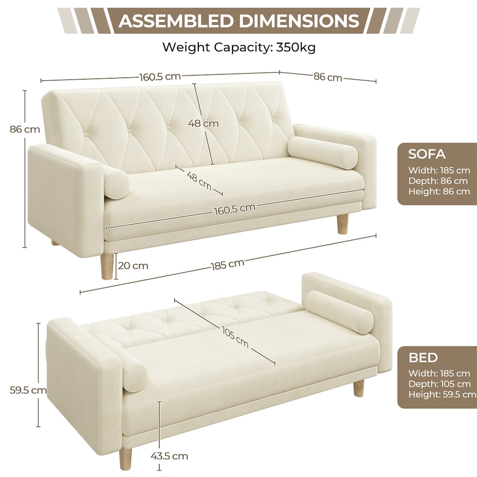 image 1 of Yaheetech Velvet Convertible Sofa Bed with 2 Bolster Pillows-Beige