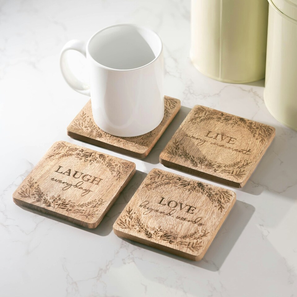 image 1 of Marco Paul Wooden Inspirational Coaster Set of 4 Coasters with Holder