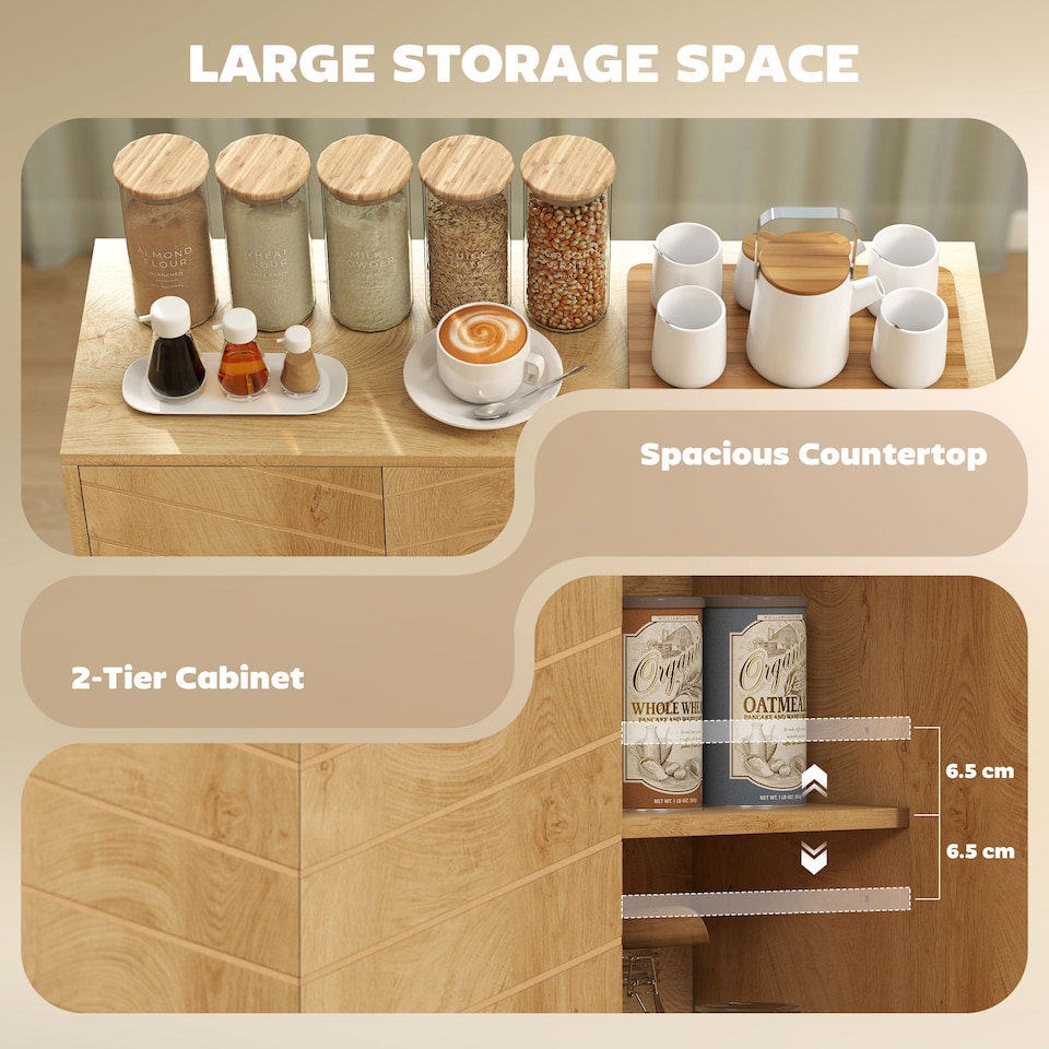 image 1 of HOMCOM Vintage Sideboard Cabinet with 3 Chevron Doors, Natural Wood Finish