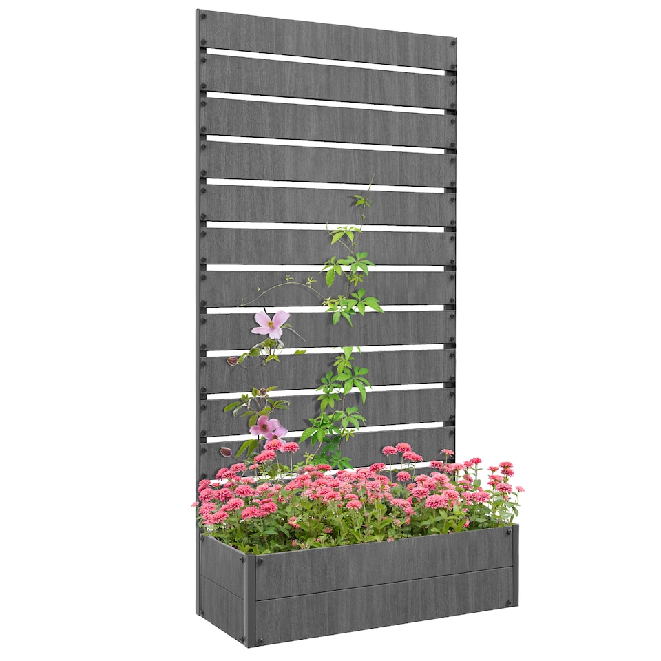 image 1 of Outsunny Raised Garden Bed with Trellis Standing Patio Planter Box Dark Grey | Grey | Dark Grey