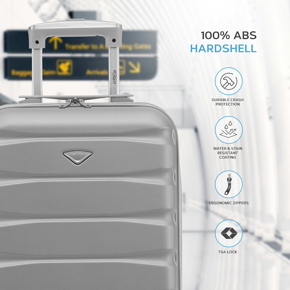 image 1 of Flight Knight Cabin Suitcase 55x35x20cm, Lightweight Carry On Bag - Over 100 Airlines- Ryanair, EasyJet, British Airways - Hand Luggage, ABS Hard Shell TSA Lock Silver | Silver | Cabin Bag