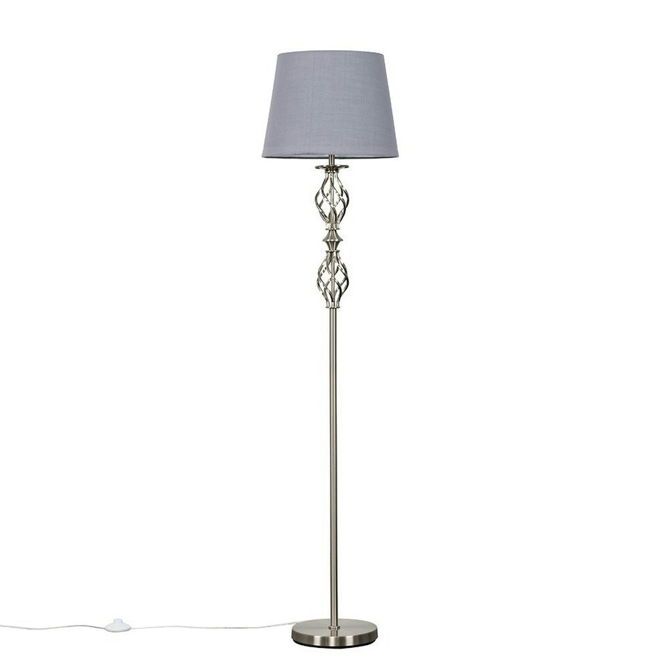 image 1 of ValueLights Pembroke Brushed Silver Floor Lamp with Medium Grey Tapered Shade and LED Bulb Grey