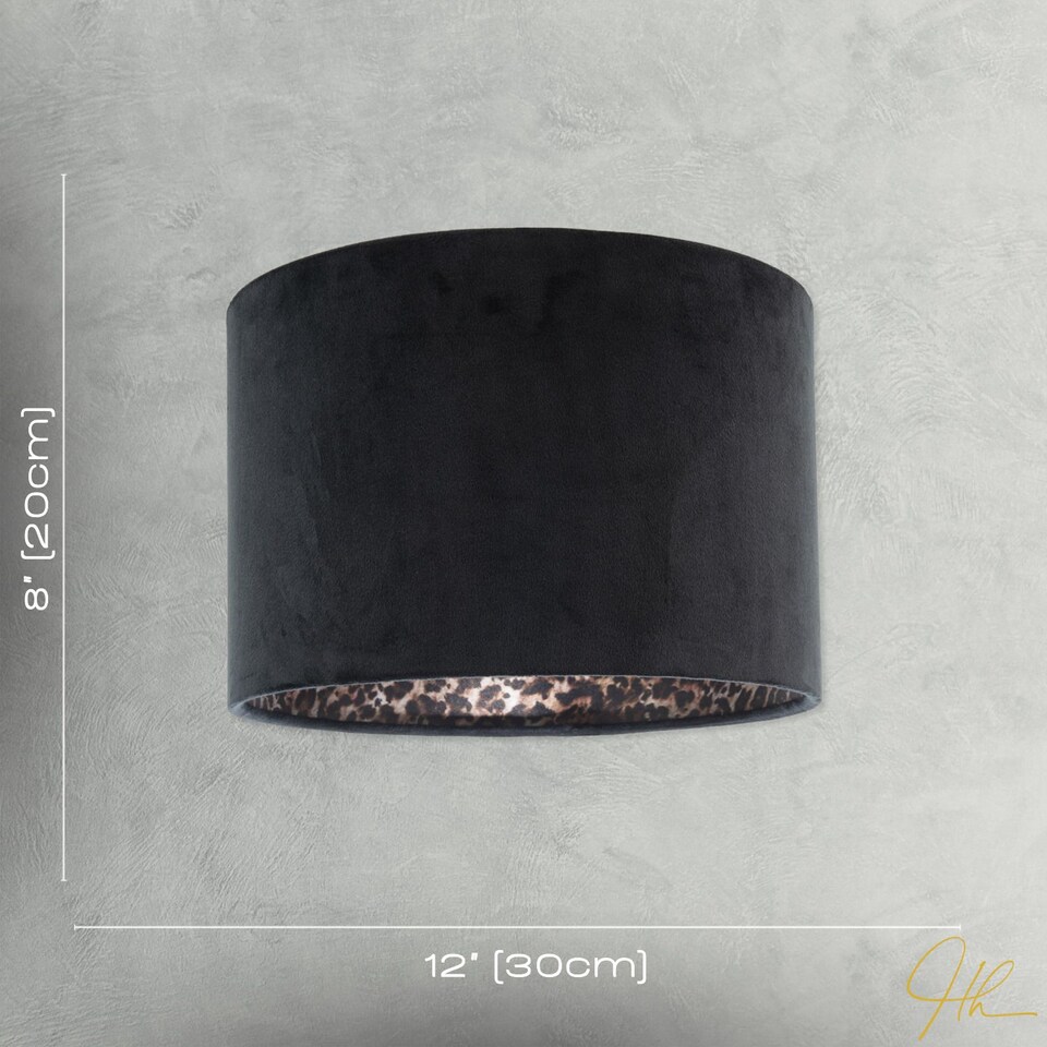 image 1 of Black Velvet Lamp Shade with Inner Leopard Print Satin Shimmer Lining | Black | Black | 1