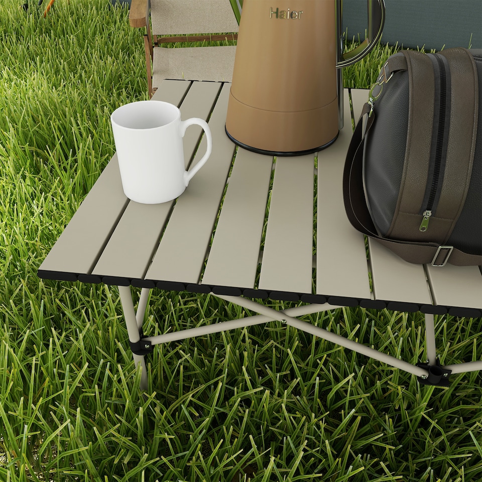 image 1 of Outsunny Portable Camping Table, 3ft Lightweight Folding Aluminium Picnic Table with Roll Up Top, Carry Bag for Outdoor Camping, Picnic, Hiking, Cooking, BBQ, Fishing, Khaki