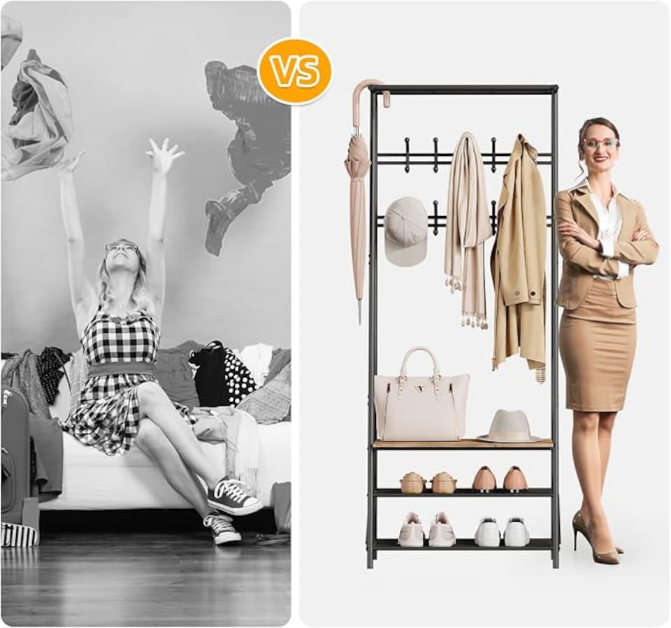 image 1 of London Boutique 4-in-1 Hall Tree with Bench and Shoe Rack, Double Coat Hooks, 60cm