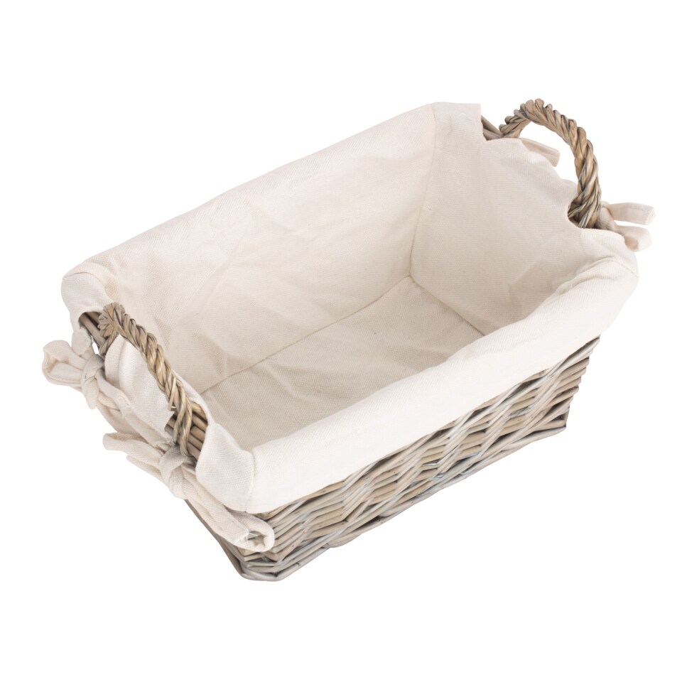 image 1 of Small Antique Wash Handled Lined Storage Basket | White | White