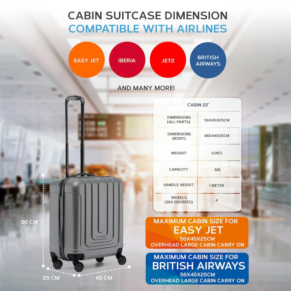image 1 of Flight Knight Premium Hard Shell Lightweight Cabin Suitcase - 8 Spinner Wheels - Built-in TSA Lock & USB Port - easyJet Large Cabin Approved - 56x45x25cm Purple | Burgundy | Cabin Bag