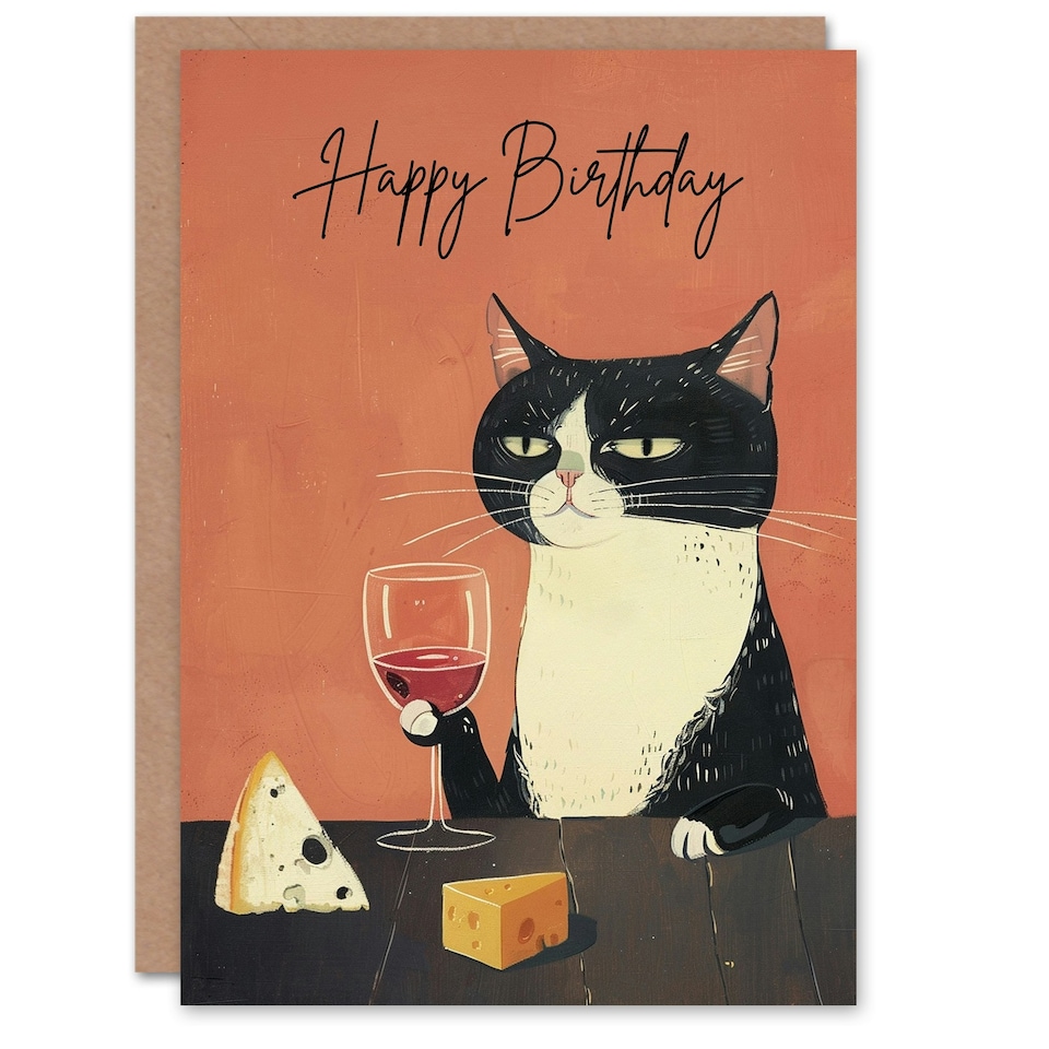 image 1 of Sophisticated Tuxedo Cat Wino Cheese Lover Fun Birthday Card