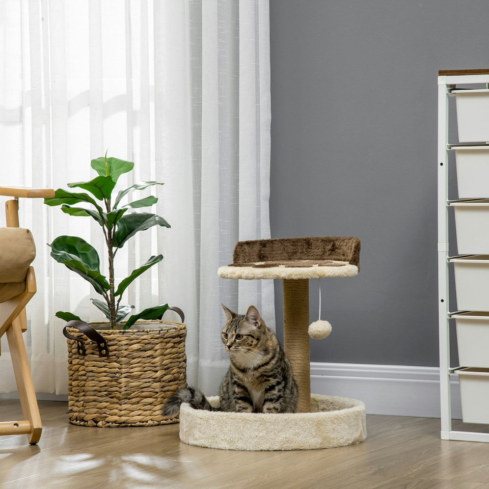 image 1 of PawHut 44cm Cat Tree Tower with Scratch Post, Platforms, Ball, Brown