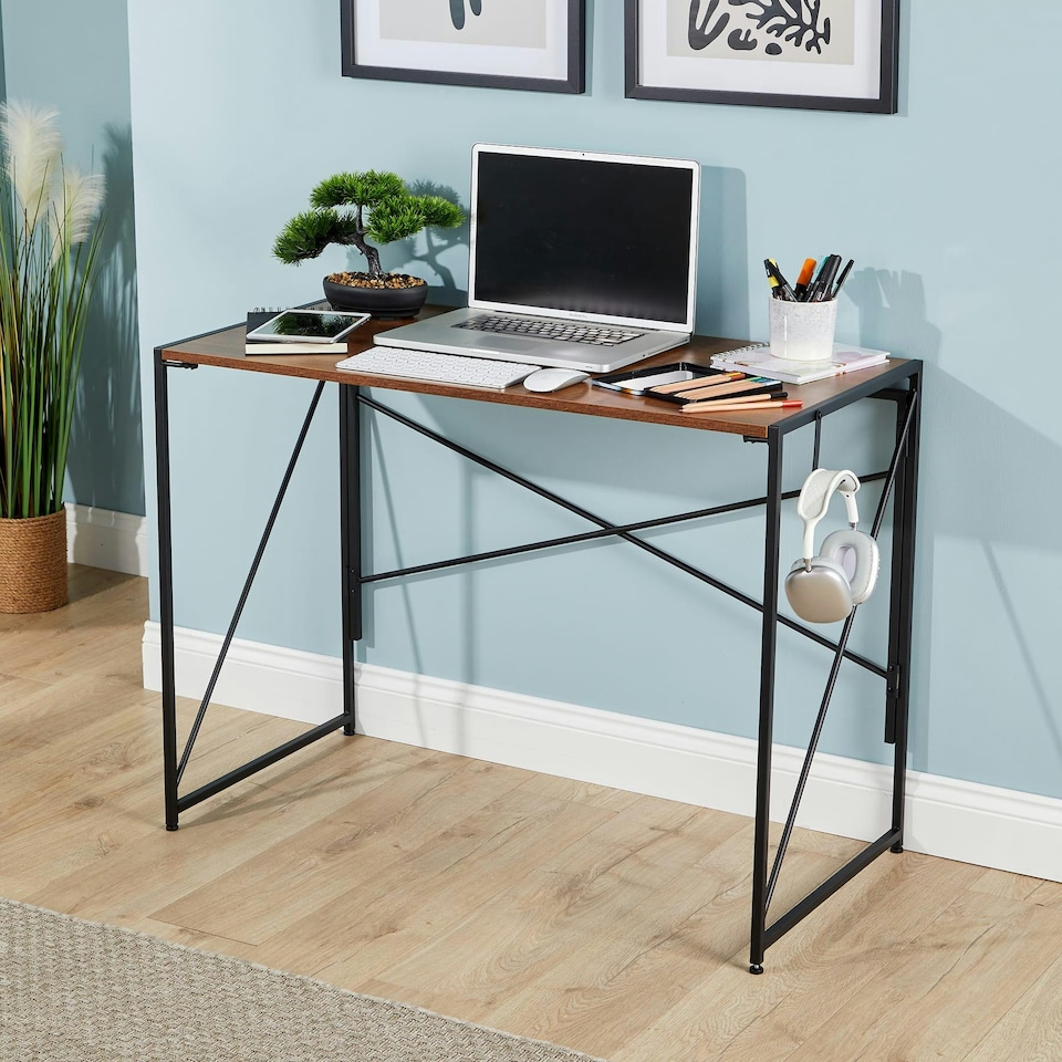 image 1 of Folding Compact Desk Storage Hook Wood Metal Office Computer Table Workstation Brown | Dark Oak