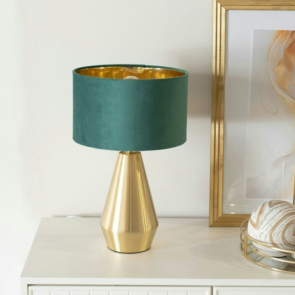 image 1 of ValueLights Jax Gold Dimmable Touch Table Lamp with Forest Green Velvet with Gold Inner Lamp Shade and LED Bulb