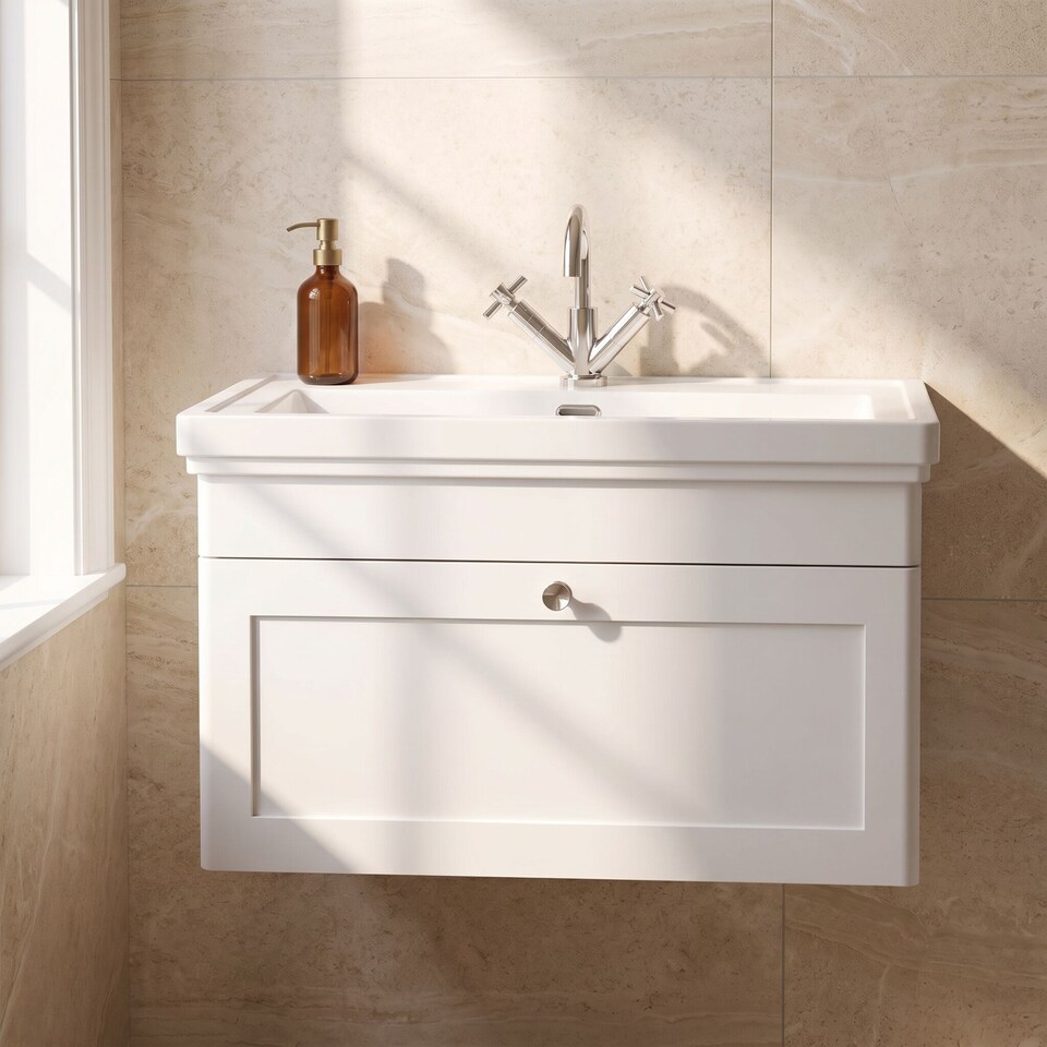image 1 of Balterley Classic Traditional Bathroom Wall Hung 1-Drawer Vanity Unit & Fireclay Basin | White | Satin White