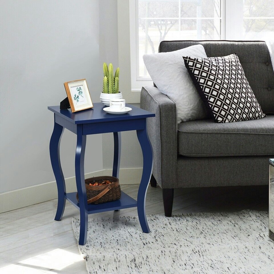 image 1 of COSTWAY Sofa Side Table With Open Storage Shelves Blue