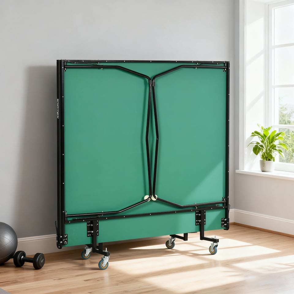 image 1 of SPORTNOW 9FT Folding Table Tennis Table with 8 Wheels, Indoors, Green