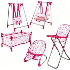 5-in-1 Baby Doll Play Set - with Cot, Swing & High Chair Cot Bed, Bouncer, Adjustable Swing Seats & High Chair