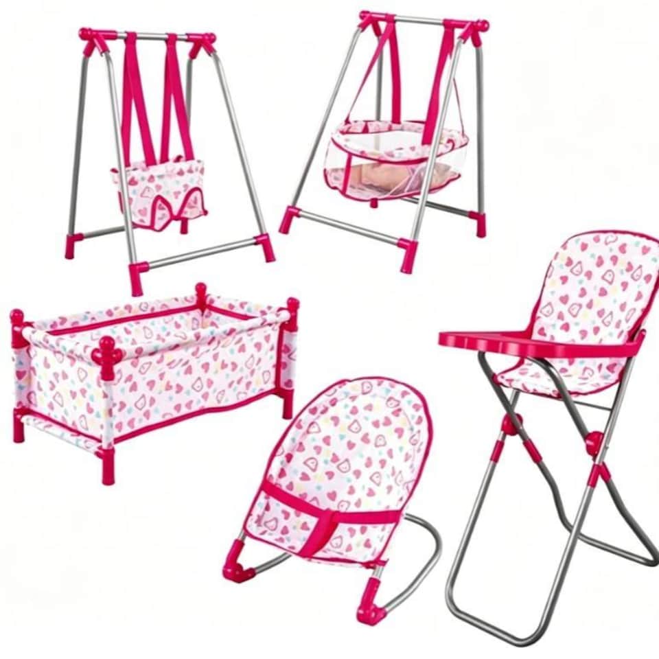 image 1 of 5-in-1 Baby Doll Play Set - with Cot, Swing & High Chair Cot Bed, Bouncer, Adjustable Swing Seats & High Chair