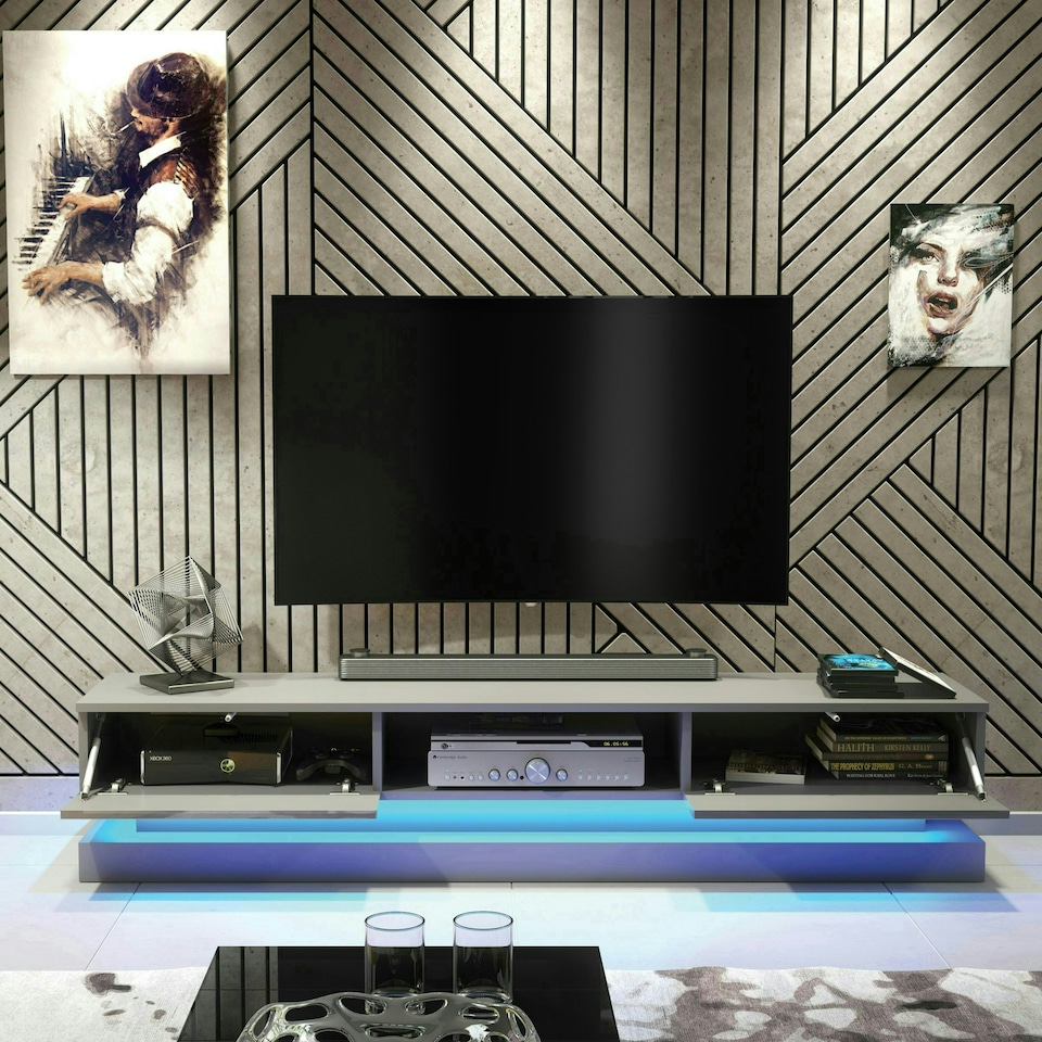 image 1 of TV Unit 180cm Grey Gloss Fronts Grey Matt Body with LED Platform Grey