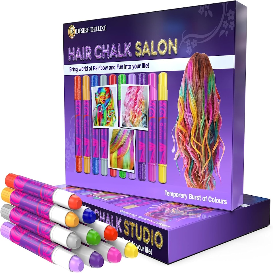 image 1 of Desire Deluxe Hair Chalk Gift for Girls - 10 Temporary Non-Toxic Easy Washable Hair Dye Colourful, Metallic, Glitter Pens - Great Games Birthday Girls