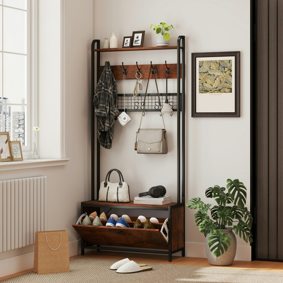 image 1 of HOMCOM Industrial Hall Tree Coat Rack Stand with Shoe Cabinet Brown | Black | 80W x 30D x 180H cm