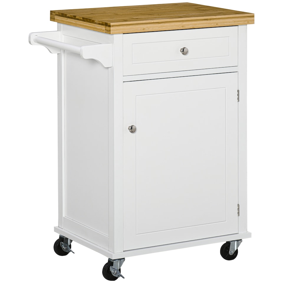 image 1 of HOMCOM Kitchen Cart Storage Trolley Wooden Cabinet with Drawer Cupboard Towel Rail White