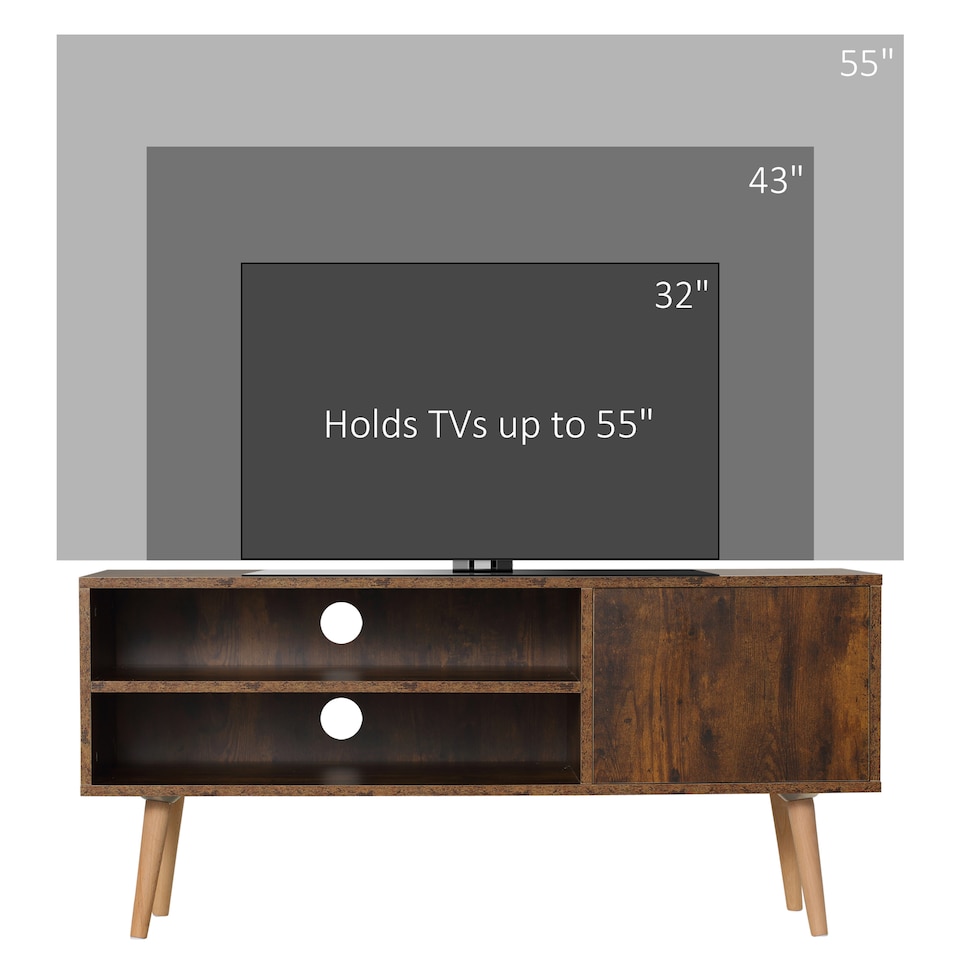 image 1 of HOMCOM TV Stand Cabinet up to 55 Inches, TV Unit with Single Door and Open Shelves, Cable Holes for Living Room, Bedroom, Brown
