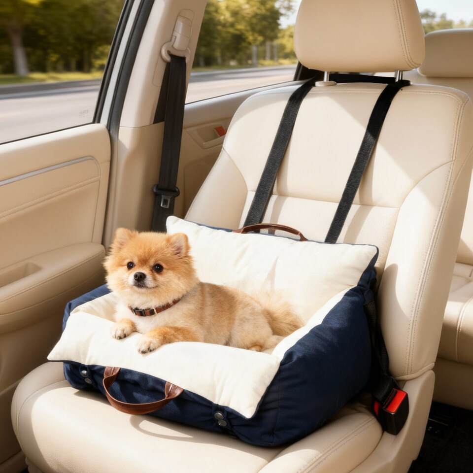 image 1 of PawHut Dog Car Seat, Cosy Pet Car Booster Seat for Small Dog Under 5 KG, Portable Travel Bed with Safety Tether, Detachable and Washable, Navy Blue
