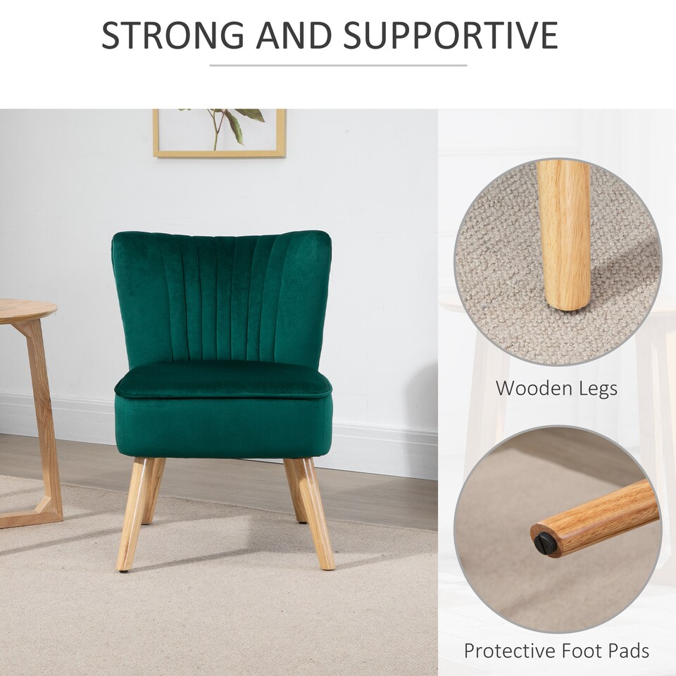 image 1 of HOMCOM Velvet Accent Chair Occasional Tub Seat Padding Curved Back with Wood Frame Legs Home Furniture Green