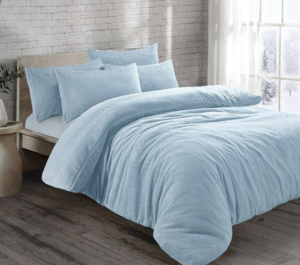 Homes Linen Teddy Fleece Blue Duvet Cover Set with Pillowcases Thermal Soft Warm Cosy Winter Bedding Set | Blue | Double