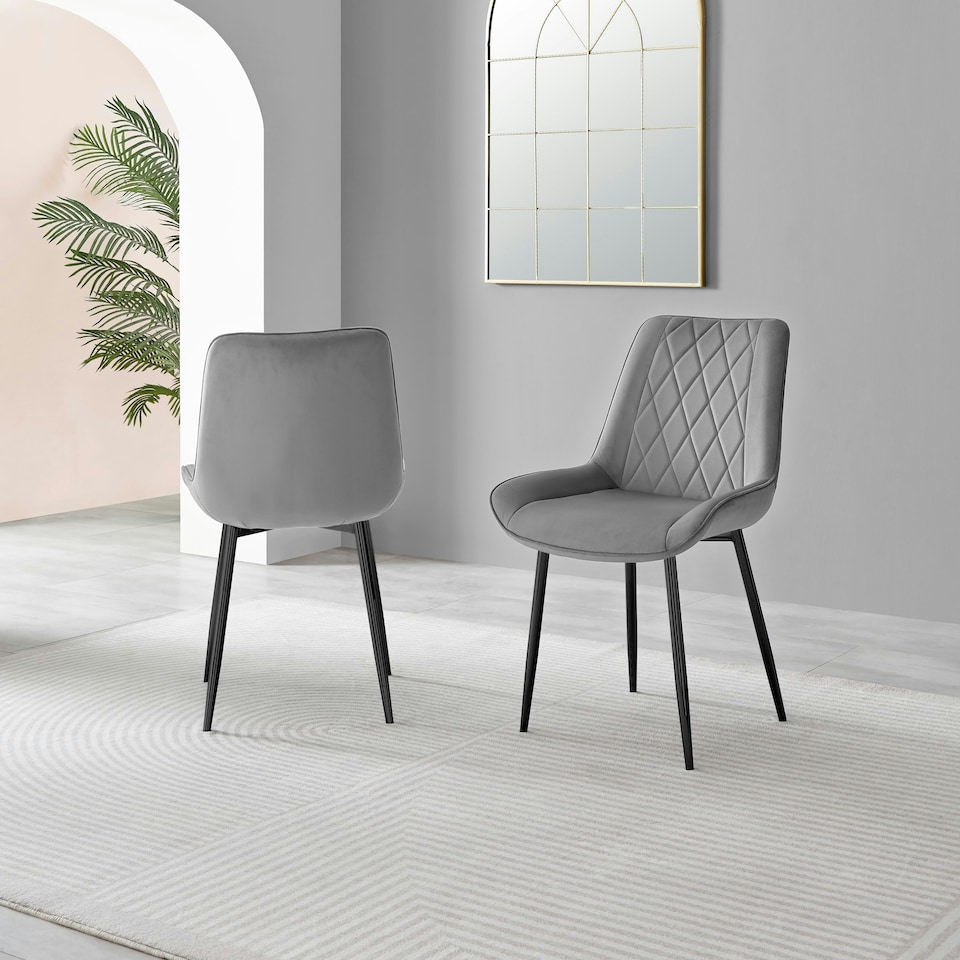 image 1 of Furniturebox Carson White Marble Effect Square Dining Table & 2 Grey Pesaro Black Leg Chairs