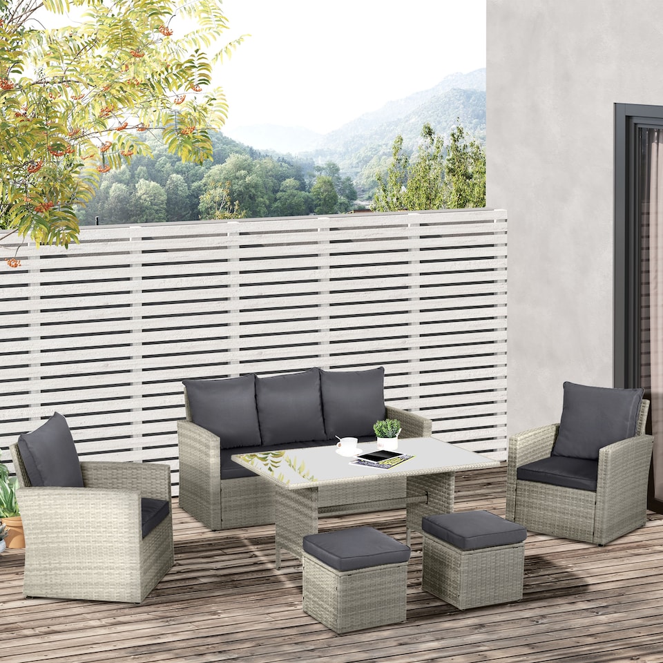 image 1 of Outsunny 6 Pieces Rattan Garden Furniture Set, 7 Seater Wicker Garden Sofa Set with Glass Top Dining Table, Armchairs and Footstools, Outdoor Furniture with Cushions for Patio, Mixed Grey