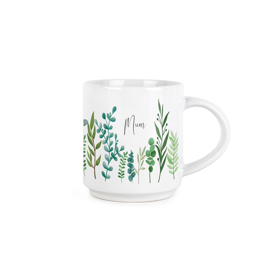image 1 of Mum & Dad Stacking Mugs Set - Green Ferns Gifts for Grandparents Ceramic Cups Set of 2 with Metal Stand | White