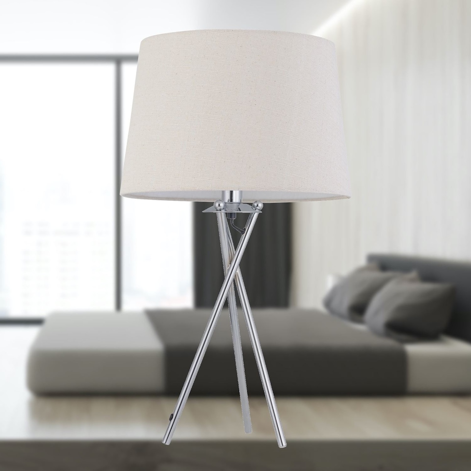 image 1 of Tripod - Chrome Lamp with Natural Linen Shade | Chrome | Brown | Large | 1